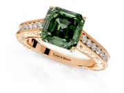 Solitaire Engagement Ring Setting for Fancy Green Asscher Cut Center with Engraved Pave Band and Prong Head in Rose Gold