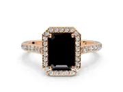 Halo Engagement Ring Setting for Fancy Black Emerald Cut Center with Pave Accents, Heart Basket and Prong Head in Rose Gold