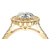 Milgrain Floral Halo Engagement Ring Setting for Oval Center with Pave Band and Prong Head in Yellow Gold