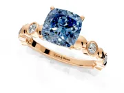 Solitaire Engagement Ring Setting for Fancy Blue Cushion Cut Center with Beaded Bezel Station Band and Prong Head in Rose Gold