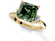 3 Stone Engagement Ring Setting for Fancy Green Asscher Cut Center with Wide Plain Band and Prong Head in Yellow Gold