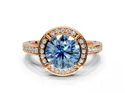 Halo Engagement Ring Setting for Fancy Blue Round Cut Center with Framed Halo, Pave Band and Prong Head in Rose Gold