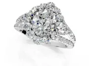 Halo Engagement Ring Setting for Pear-Shaped Center with Two-Strand Split Shank and Prong Head in Platinum