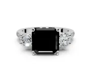 3 Stone Engagement Ring Setting for Fancy Black Asscher Cut Center with Crossover Basket, Pave Band and Prong Head in Platinum