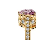 Cathedral Engagement Ring Setting for Fancy Pink Heart-Shaped Center with Antique-Style Pave Band and Prong Head in Yellow Gold
