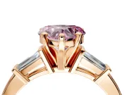3 Stone Engagement Ring Setting for Fancy Pink Heart-Shaped Center with Channel Baguette Accents and Prong Head in Rose Gold