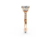 Paired Accent Engagement Ring Setting for Radiant Cut Center with Pave Band and Prong Head in Rose Gold
