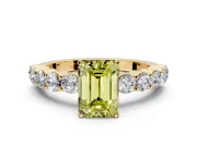 Shared-Prong Engagement Ring Setting for Fancy Yellow Emerald Cut Center with Graduated Accents and Prong Head in Yellow Gold