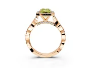 Halo Engagement Ring Setting for Fancy Yellow Emerald Cut Center with Twist Band and Prong Head in Rose Gold