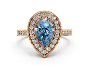 Halo Engagement Ring Setting for Fancy Blue Pear-Shaped Center with Milgrain Pave Band and Bezel Head in Rose Gold