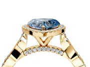 Halo Engagement Ring Setting for Fancy Blue Heart-Shaped Center with Twist Band and Prong Head in Yellow Gold