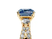 3 Stone Engagement Ring Setting for Fancy Blue Asscher Cut Center with Pave Split Shank and Prong Head in Yellow Gold