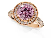 Milgrain Halo Engagement Ring Setting for Fancy Pink Round Cut Center with Three-Sided Pave Band and Prong Head in Rose Gold