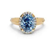 Halo Engagement Ring Setting for Fancy Blue Oval Center with Knife Ridge Cathedral Band and Prong Head in Yellow Gold