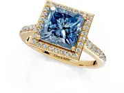 Halo Engagement Ring Setting for Fancy Blue Princess Cut Center with Pave Accents, Heart Basket and Prong Head in Yellow Gold