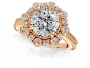 Milgrain Halo Engagement Ring Setting for Round Cut Center with Bezel Point Accents and Prong Head in Rose Gold