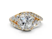 Halo Engagement Ring Setting for Princess Cut Center with Marquise and Pave Bypass Band and Prong Head in Yellow Gold