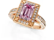 Halo Engagement Ring Setting for Fancy Pink Emerald Cut Center with Framed Halo, Pave Band and Prong Head in Rose Gold