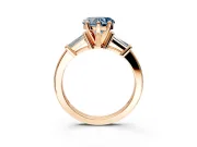 3 Stone Engagement Ring Setting for Fancy Blue Heart-Shaped Center with Channel Baguette Accents and Prong Head in Rose Gold