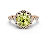 Accent Halo Engagement Ring Setting for Fancy Yellow Round Cut Center with Full-Length Pave Band and Prong Head in Rose Gold