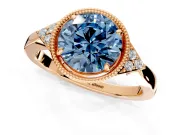 Cluster Engagement Ring Setting for Fancy Blue Round Cut Center with Milgrain Shoulder Clusters and Prong Head in Rose Gold