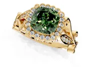 Halo Engagement Ring Setting for Fancy Green Cushion Cut Center with Leaf Motif Split Shank and Prong Head in Yellow Gold