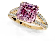 Solitaire Engagement Ring Setting for Fancy Pink Asscher Cut Center with Pave Split Shank and Prong Head in Yellow Gold
