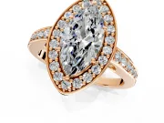 Bezel-Framed Halo Engagement Ring Setting for Marquise Center with Pave Band and Prong Head in Rose Gold