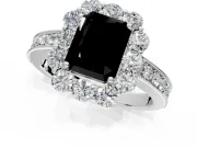 Halo Engagement Ring Setting for Fancy Black Radiant Cut Center with Milgrain Channel Band and Prong Head in White Gold