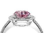 Milgrain Halo Engagement Ring Setting for Fancy Pink Round Cut Center with Three-Sided Pave Band and Prong Head in Platinum