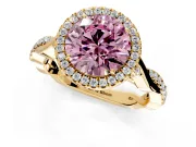 Halo Engagement Ring Setting for Fancy Pink Round Cut Center with Twist Band and Prong Head in Yellow Gold