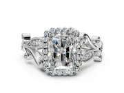 Halo Engagement Ring Setting for Radiant Cut Center with Leaf Motif Split Shank and Prong Head in Sterling Silver