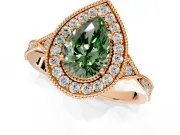 Halo Engagement Ring Setting for Fancy Green Pear-Shaped Center with Milgrain Rim, Pave Band and Prong Head in Rose Gold