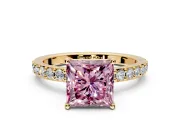Solitaire Engagement Ring Setting for Fancy Pink Princess Cut Center with Round Cut Pave Band and Prong Head in Yellow Gold