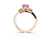 3 Stone Engagement Ring Setting for Fancy Pink Cushion Cut Center with Round Cut Side Accents and Prong Head in Rose Gold