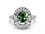 Halo Engagement Ring Setting for Fancy Green Oval Center with Milgrain Frame, Pave Band and Prong Head in Platinum