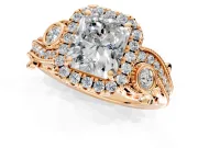 Milgrain Halo Engagement Ring Setting for Radiant Cut Center with Shoulder Bezels and Prong Head in Rose Gold