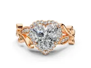 Halo Engagement Ring Setting for Heart-Shaped Center with Leaf Motif Split Shank and Prong Head in Rose Gold