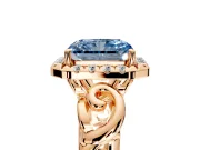 Halo Engagement Ring Setting for Fancy Blue Radiant Cut Center with Open Scroll Shoulders and Prong Head in Rose Gold