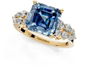 Cluster Engagement Ring Setting for Fancy Blue Asscher Cut Center with 2-Row Shoulder Clusters and Prong Head in Yellow Gold