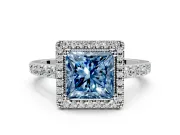 Halo Engagement Ring Setting for Fancy Blue Princess Cut Center with Inner Milgrain Border and Prong Head in Platinum