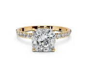 Solitaire Engagement Ring Setting for Cushion Cut Center with Pave Accents and Prong Head in Yellow Gold
