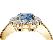 Halo Engagement Ring Setting for Fancy Blue Cushion Cut Center with Milgrain Channel Band and Prong Head in Yellow Gold