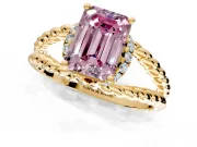 Halo Engagement Ring Setting for Fancy Pink Emerald Cut Center with Rope Twist Split Shank and Prong Head in Yellow Gold