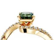 Solitaire Engagement Ring Setting for Fancy Green Emerald Cut Center with Pave Bypass Swirl Band and Prong Head in Yellow Gold