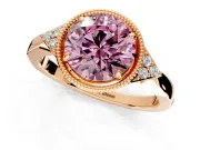 Cluster Engagement Ring Setting for Fancy Pink Round Cut Center with Milgrain Shoulder Clusters and Prong Head in Rose Gold