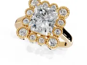Cluster Halo Engagement Ring Setting for Radiant Cut Center with Milgrain Bezel Accents and Prong Head in Yellow Gold