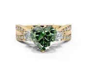 3 Stone Engagement Ring Setting for Fancy Green Heart-Shaped Center with Pave Twist Band and Prong Head in Yellow Gold