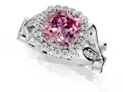 Halo Engagement Ring Setting for Fancy Pink Cushion Cut Center with Leaf Motif Split Shank and Prong Head in Platinum