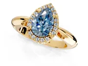 Halo Engagement Ring Setting for Fancy Blue Pear-Shaped Center with Tapered Plain Band and Prong Head in Yellow Gold